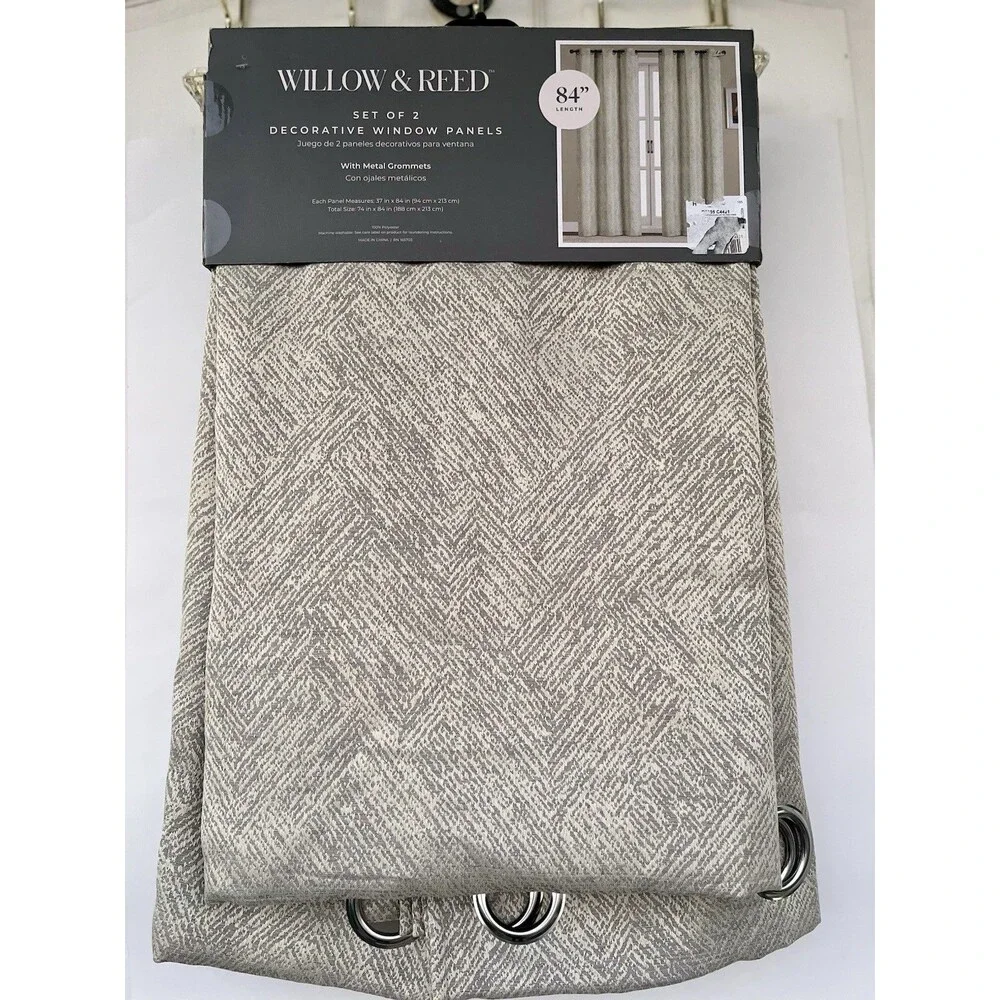 Willow & Reed Set 2 Curtain Panels Gray Geometric Grommet 84” Long